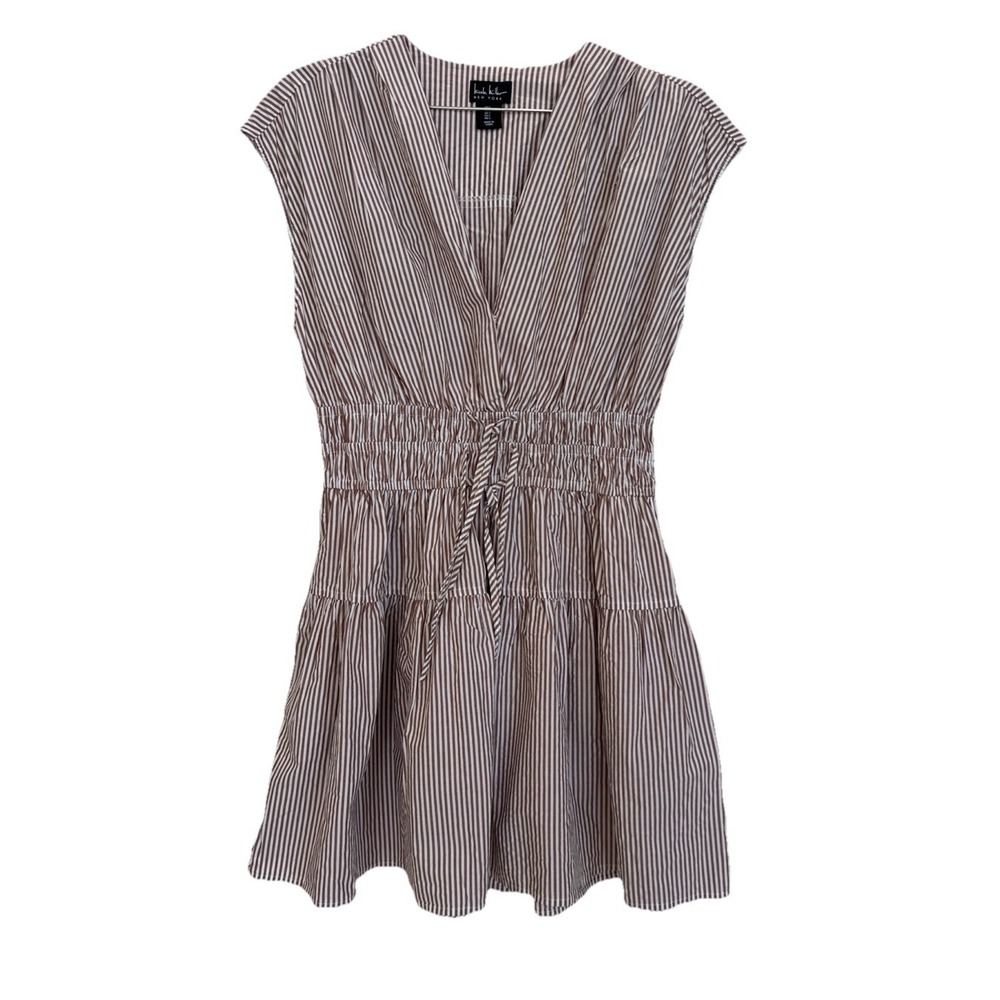 Nicole Miller Womens Brown White Stripe Cotton Tiered Mini Dress Size L Pockets